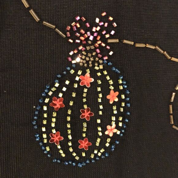 Black Slinky Knit Beaded Shirt Christmas Balls Ornaments Long Sleeve Size Medium - Picture 8 of 16